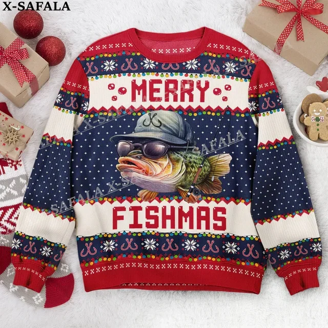 2024 New Funny Christmas Gift Merry Fishmas Ugly Christmas Knit Sweaters Christmas Gift Jumpers Tops Couple Party Unisex Casual