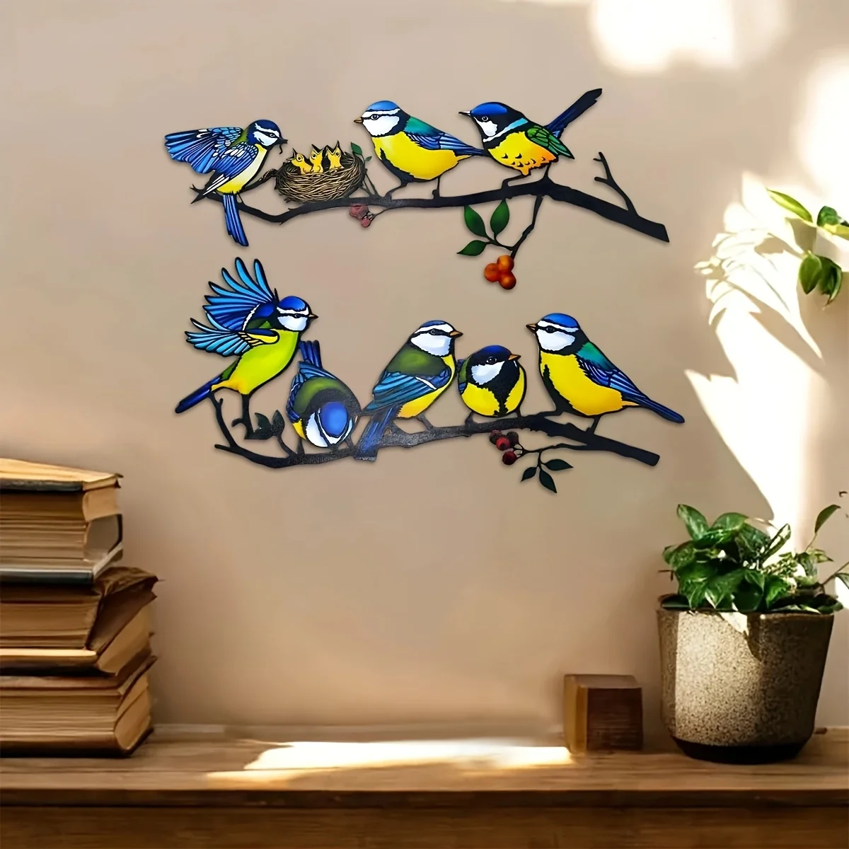 2D Flat - A Vibrant 2pcs Metal Wall Art Set Featuring Designs of Colorful Parrots And Hummingbirds, Ideal for Decorating Homes