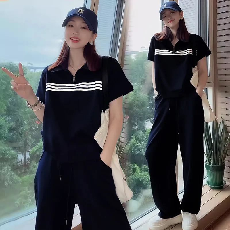 

Casual Sportswear Set Women's Summer New Fashionable Short Sleeved Top Slimming and Wide Leg Pants Two-piece Set