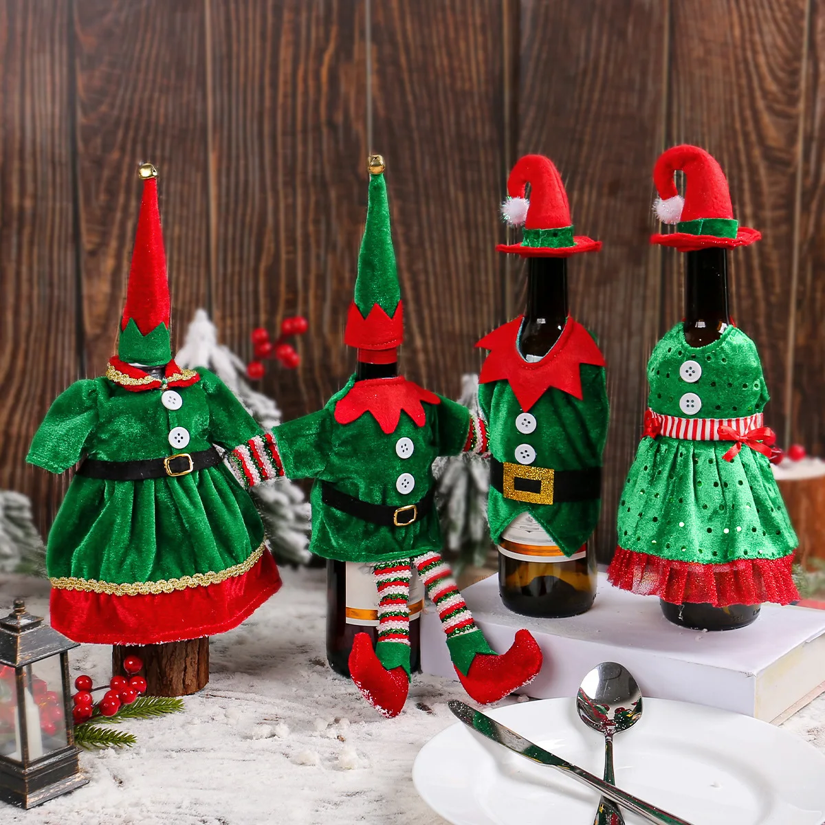 Christmas Decorations Red Wine Bottle Cover Champagne Bottle Set Christmas Elf Costume Wine Bottle Set Decorative Ornaments