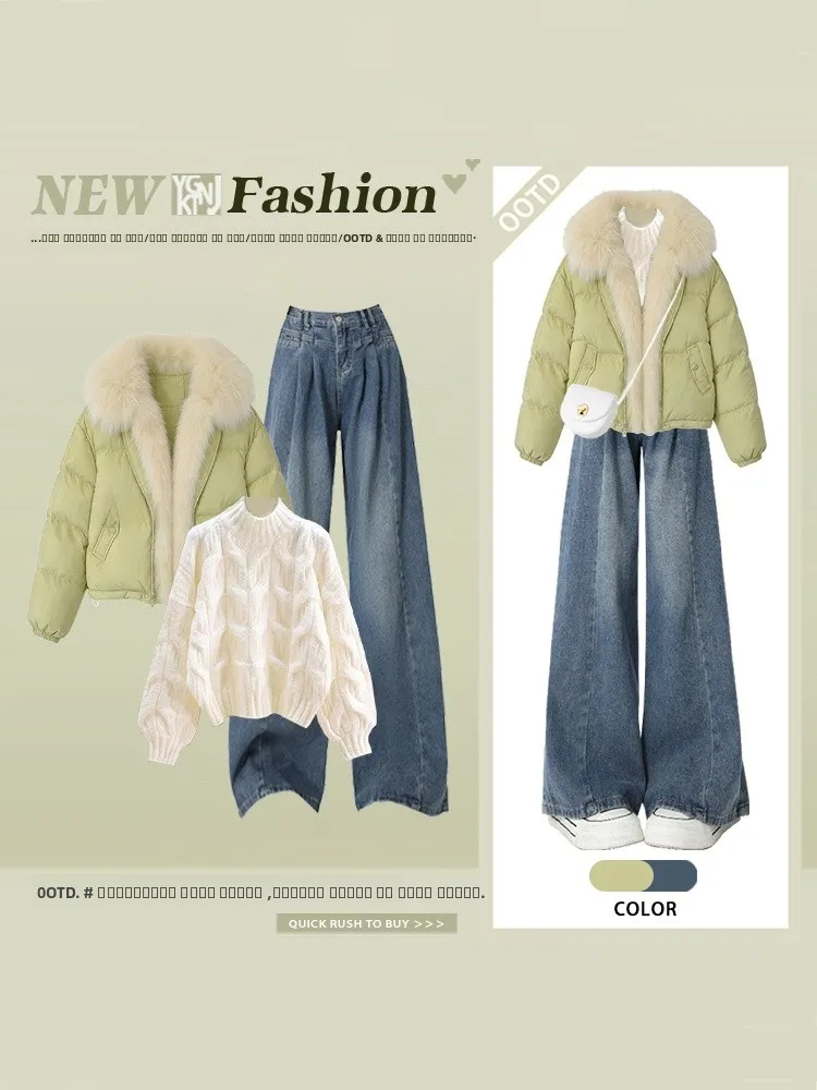 

Korean Sle Lazy Faion Cotton Jaet Coat with Fur Collar Slimming Not Puffy Jeans Tee Piece Set for Women in Deep Winter