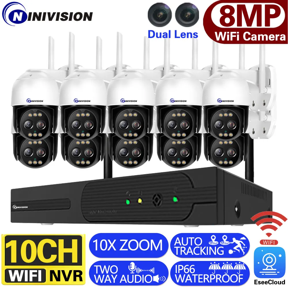 10CH Wifi NVR Security 4k Ip Intelbras Eseecloud Systems 10X Zoom Auto Tracking 360° PTZ Control Network Video Surveillance Kit