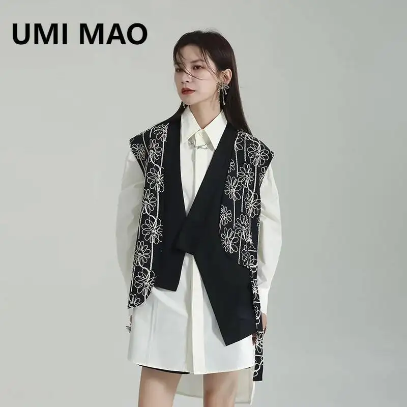 

UMI MAO Темный ветер Тяжелая промышленность Жаккардовый жилет с вышивкой нитью Дизайн Поддельные пиджаки из двух предметов Кардиган без рукавов