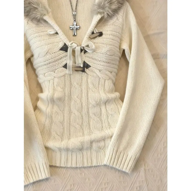 Streetwear Hoodie Y2k Goth Punk Winter Vintage Coat Harajuku Korea Pullover Woman Clothes Slim 2000s Knitwear Fashion Hooded Emo