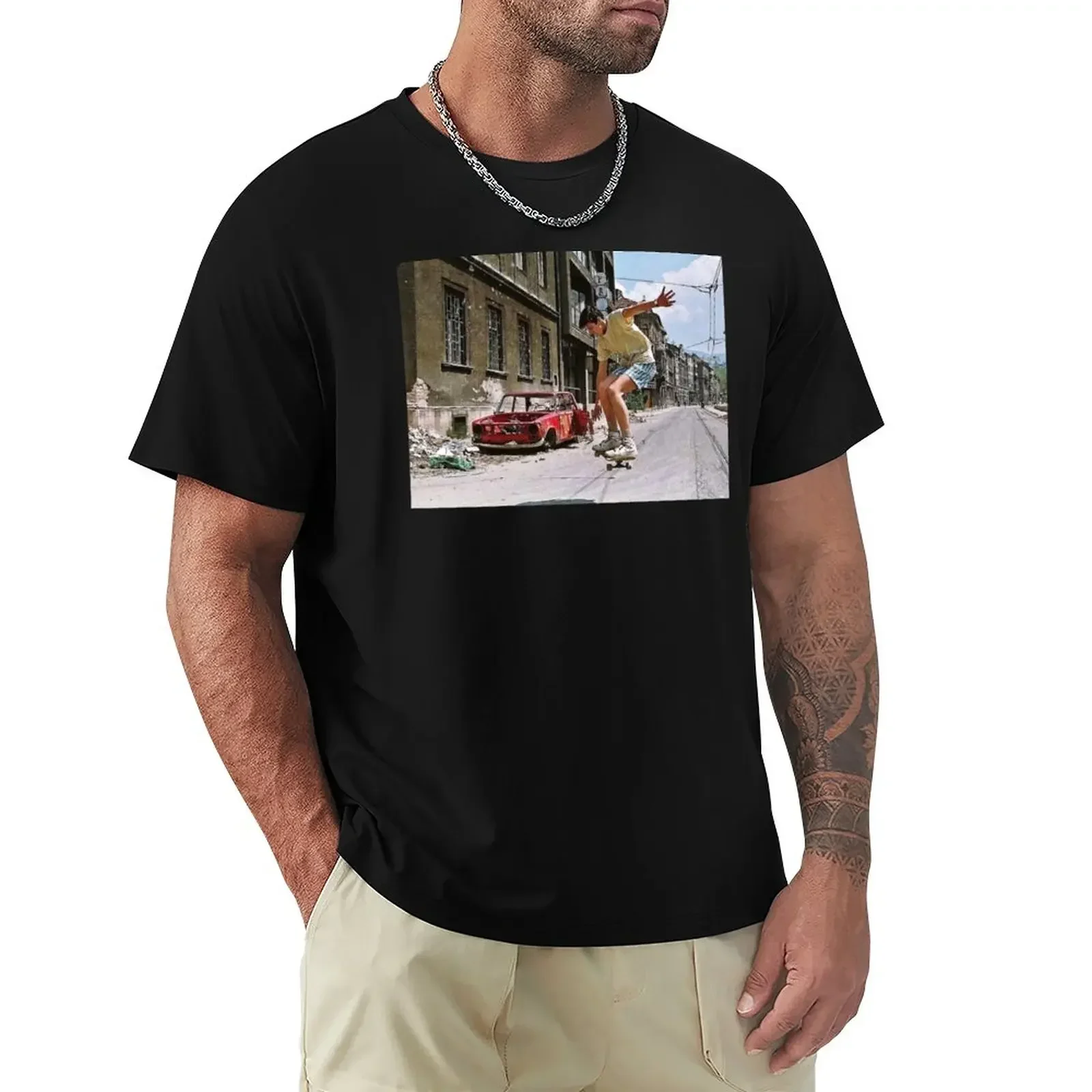 Skateboarding during siege of Sarajevo T-Shirt anime figures animal prinfor boys t shirts for men pack