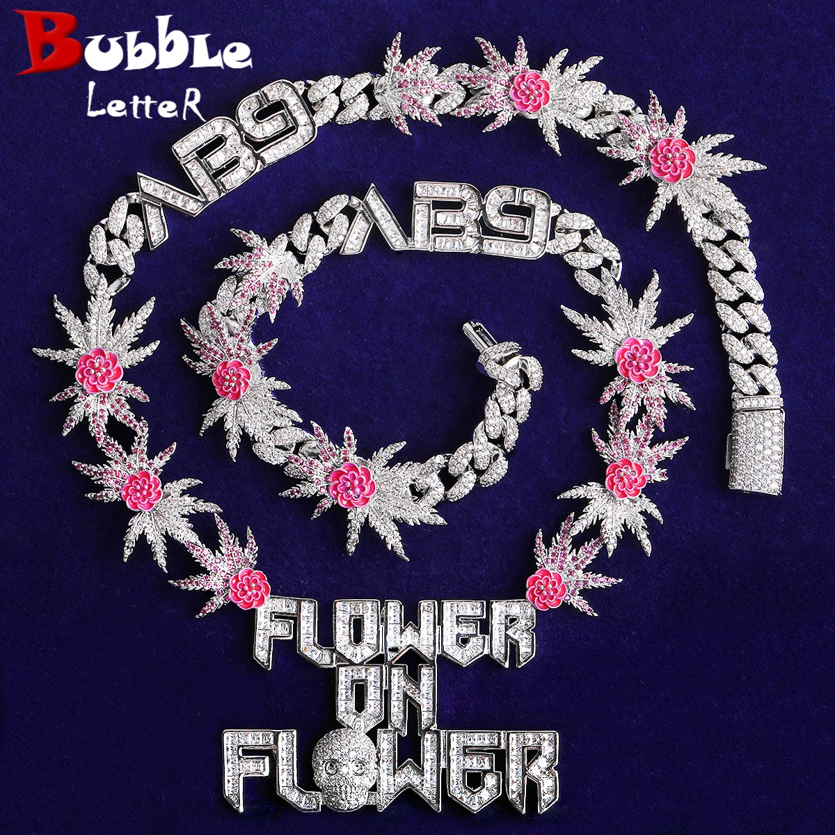 

Bubble Letter Iced Out Palm Flower Chain for Men Necklace Choker 5A Cubic Zirconia Hip Hop Jewelry