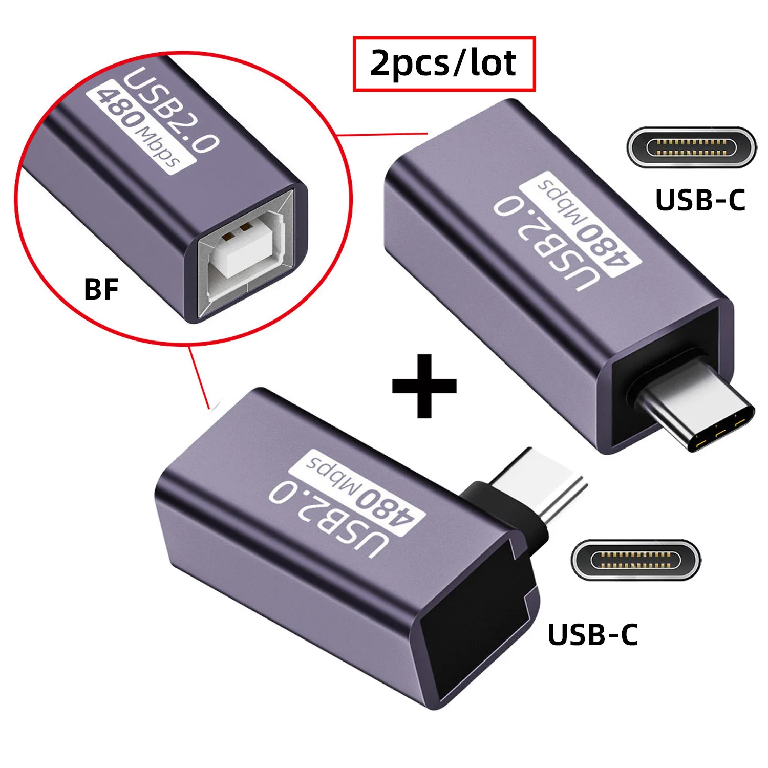 Cablecc-adaptador de extensão para impressora e disco de telefone, usb 2.0 b fêmea para tipo c macho, 2 partes um conjunto