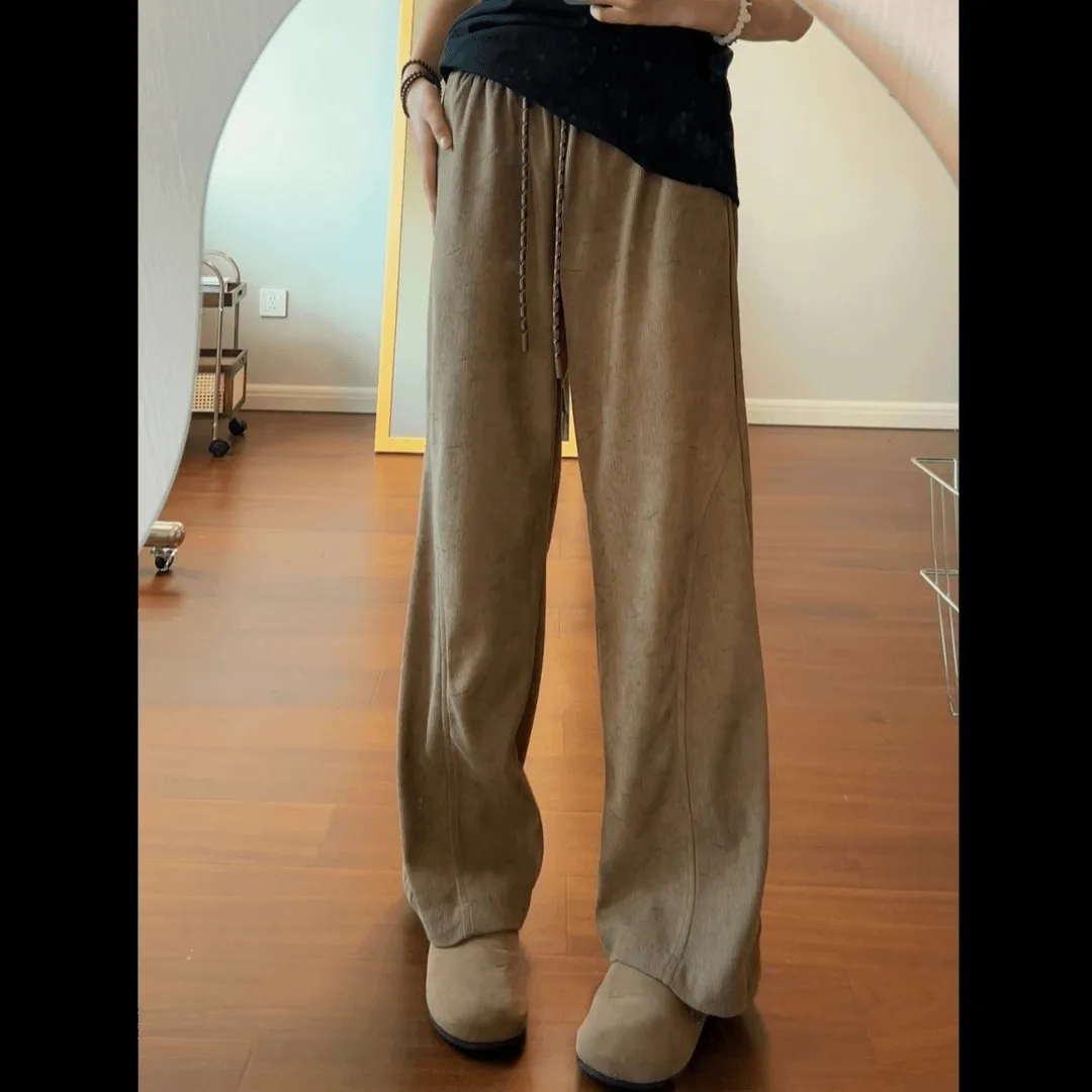 Khaki dark pattern diagonal scimitar pants men's autumn American retro corduroy sweatpants drapey sports casual pants