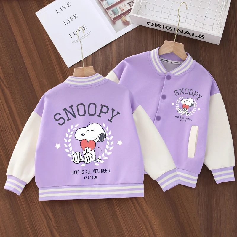 

Snoopy Baseball Jacket for Girl Varsity Bomber Jacket Cartoon Printed Toddler Sweatshirt Autumn Button-up Casual Kids Coat