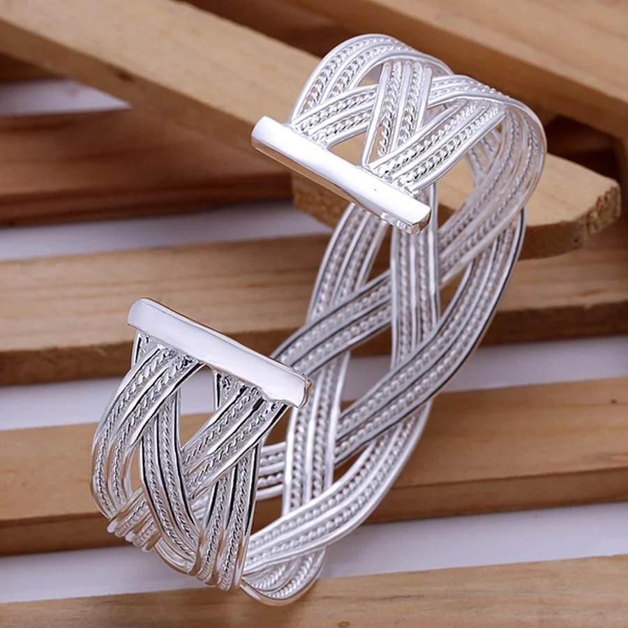 Wedding women lady 925 sterling silver open Bangle fashion  jewelry exquisite temperament retro trumpets braided bracelet