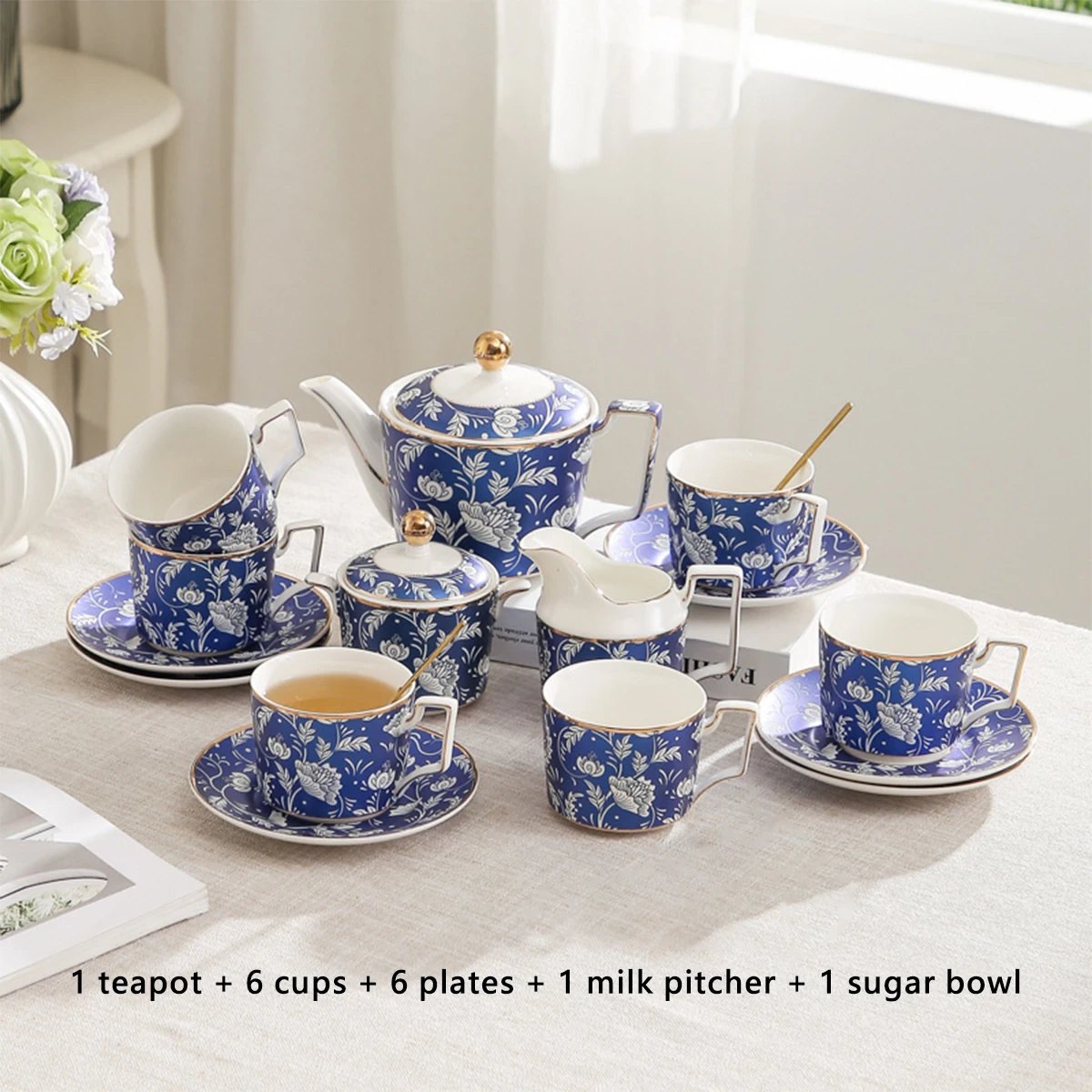 طقم شاي للبالغين يتسع لـ 4/6 أشخاص - طقم فناجين شاي زرقاء، طقم شاي لحفلات الشاي للسيدات، صيني عظمي رائع، طقم شاي بعد الظهر من البورسلين الإنجليزي العتيق، هدية فاخرة
