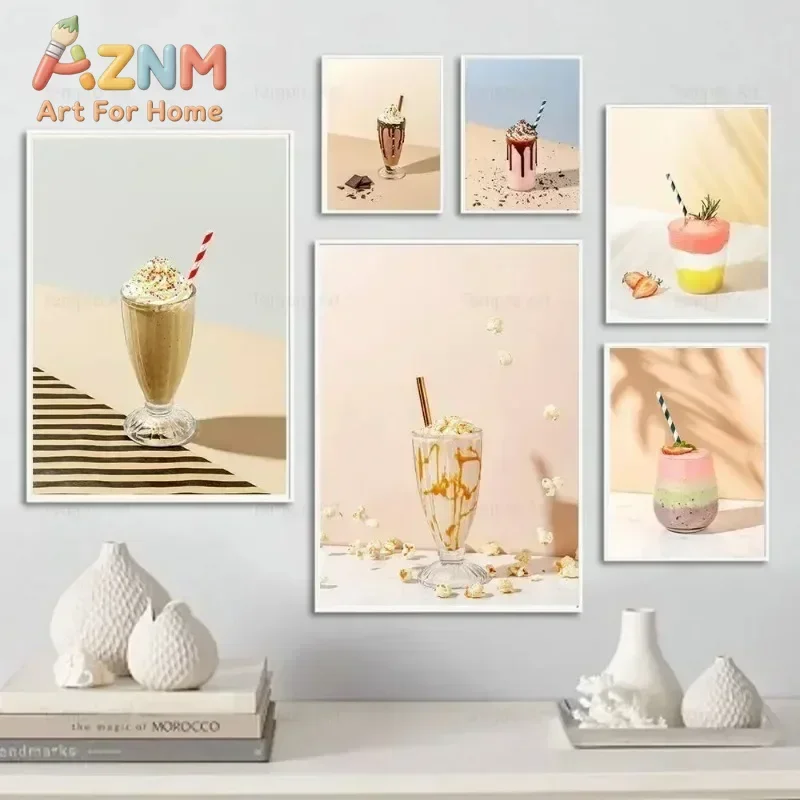 AZNM Milkshake Canvas Wall Art Creamy Ice Cream Drink Popcorn Minimalist Beige Background Frameless Print Poster for Cafe Kitche