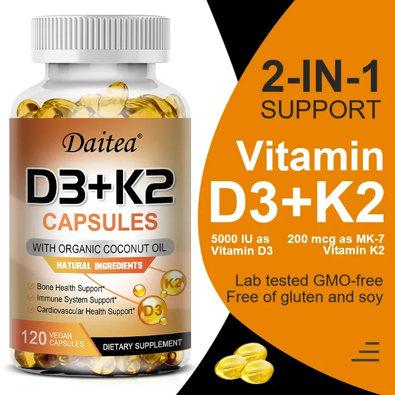 

Vegan 2-in-1 Vitamin D3 5000 IU+K2 200mcg MK-7 Capsules Organic Coconut Oil Natural Ingredient Calcium Regulation Immunity