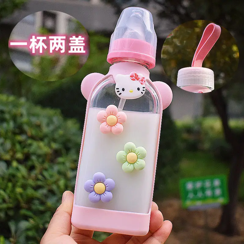 Kawaii Hello Kitty Baby Bottle Anime Cartoon Student Portable Pacifier Straw Water Glass Girl Household Dual Use Square Cup Gift