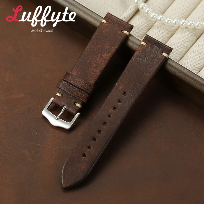 Vintage Style Frosted Leather Watch Strap 20mm 22mm Wristband Belt Handmade Genuine Leather Watchband Black Blue Brown Wristband