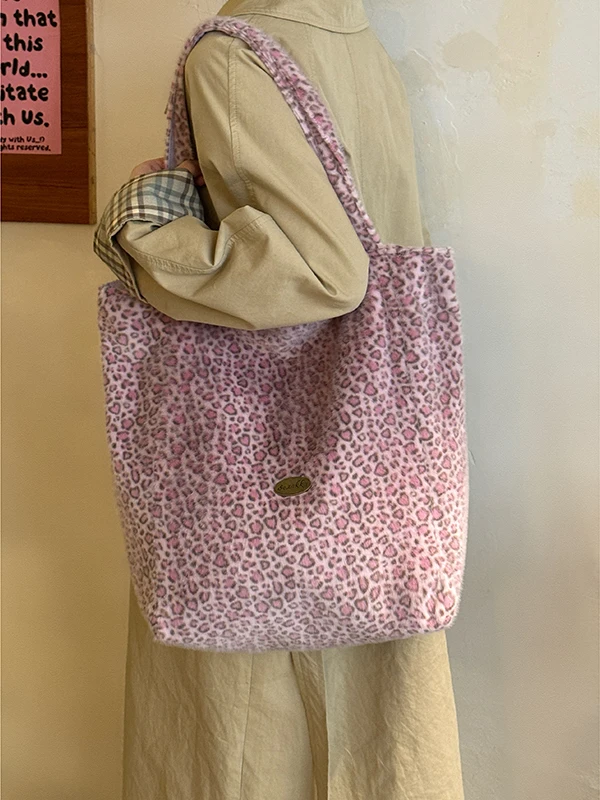 

Korean Sle Lazy Plu Leopard Print Tote Bag Women's New Large Capaci Double oulder Bag Commute Versatile Single ould...