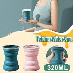 Portable Silicone Folding Water Cup Outdoor Heat Resistant Foldable Mug with Lid Collapsible Travel Drinking Cups for Camping