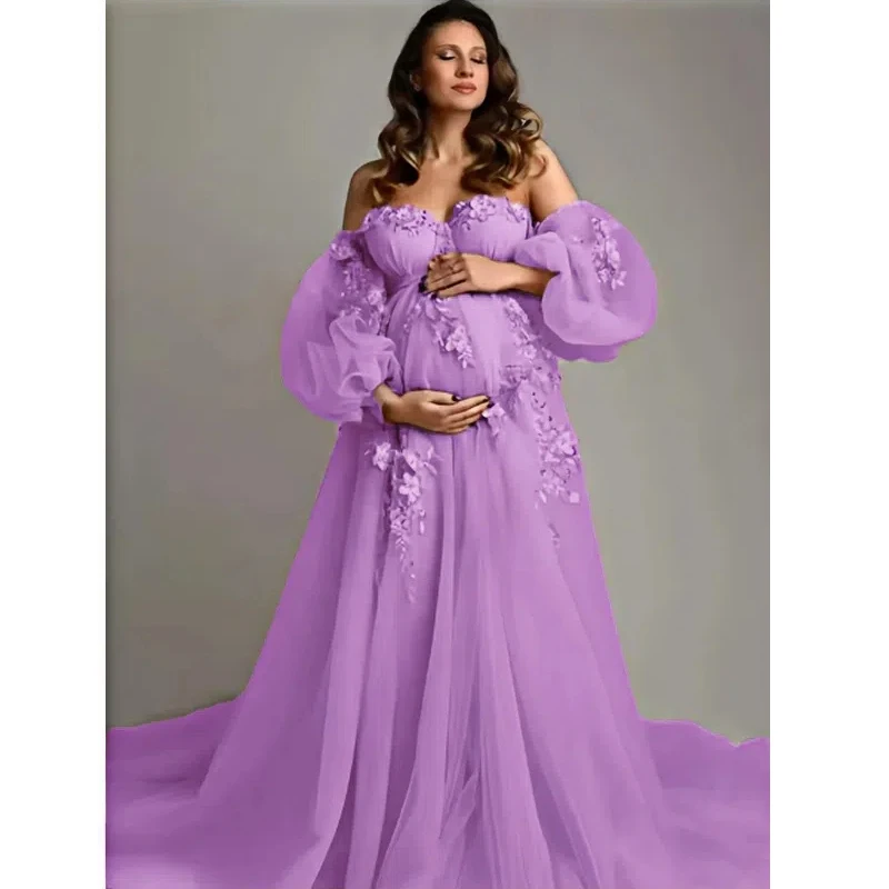 Gaun Hamil Hasil Jahitan Tangan - Gaun Tulle Transparan Tanpa Tali Bahu dengan Aplikasi Bordir untuk Acara Baby Shower & Pemotretan Kehamilan