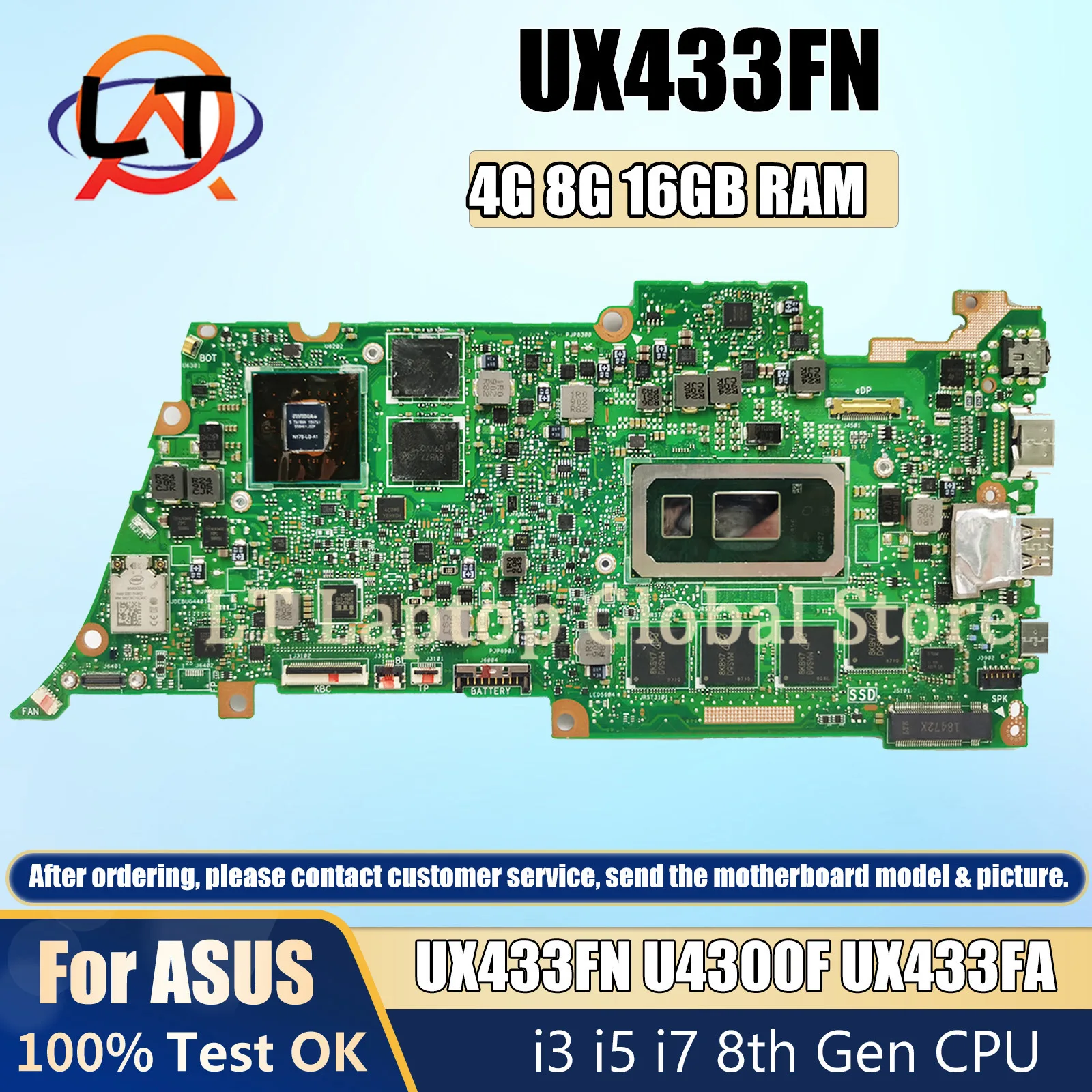 Imagem -02 - Placa-mãe para Laptop Asus Zenbook 13 Ux433fn U4300f Ux433fa Placa-mãe i3 i5 i7 8th Gen Cpu 8g 16g-ram Mx150 Uma Ddr4