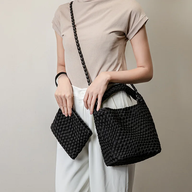 Casual Simple Solid Color Women Woven Bag Fashion Neoprene Large Capacity Handbag Detachable Strap Shopping Crossbody Bag