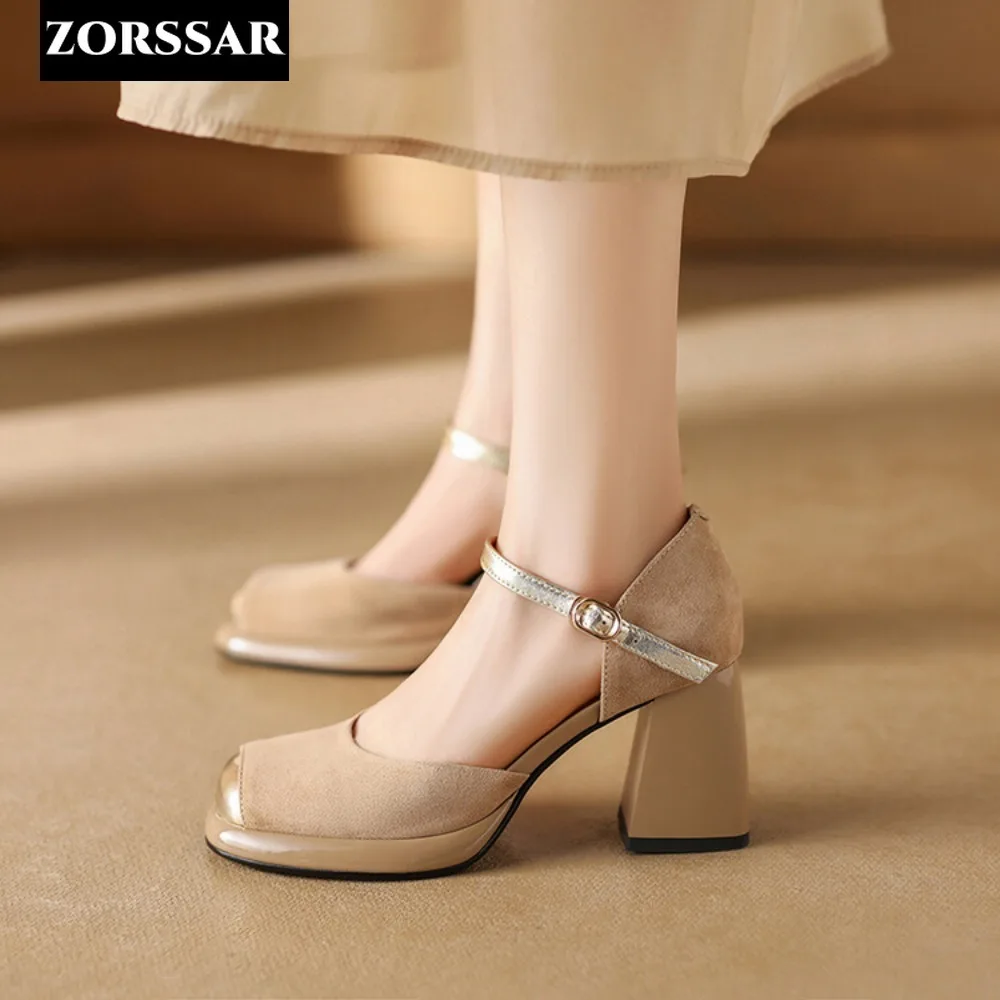 Suede Square Heels Pumps Women Ankle Strap High Heels Shoes Summer Baotou Woman Sandals French Elegance Retro Dress Shoes Female