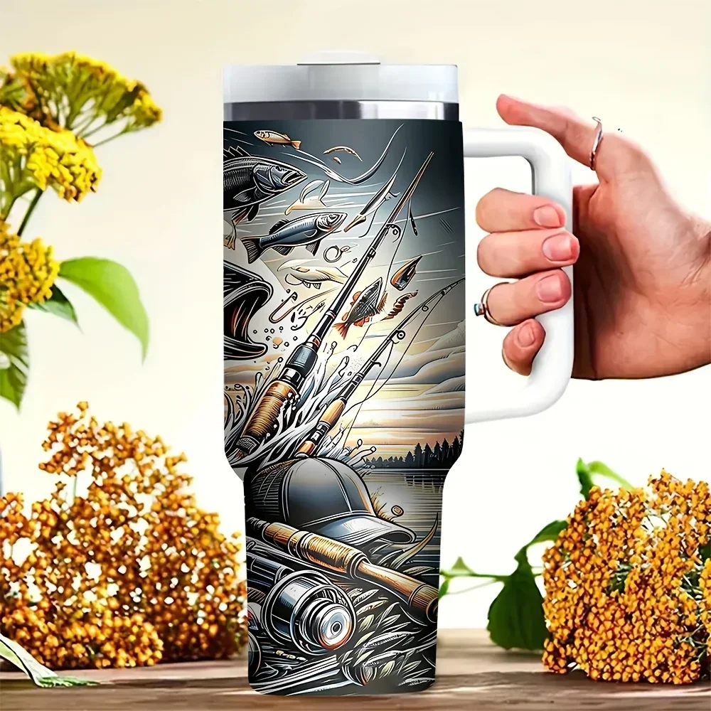 40oz Fishin Life Fishing Theme Printed Tumbler with Handle, Suitable for Fishing Enthusiasts, Fits Both Hot And Cold Drinks, Perfect for Outdoor Activities And Daily Use