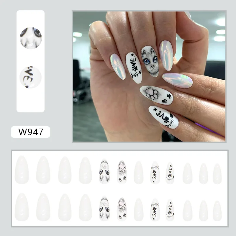 

24Pcs Medium Almond Press on Nails - Halloween Aurora Design with Glowing Cat Paw & Fishbone Patterns | Playfully Cute Style