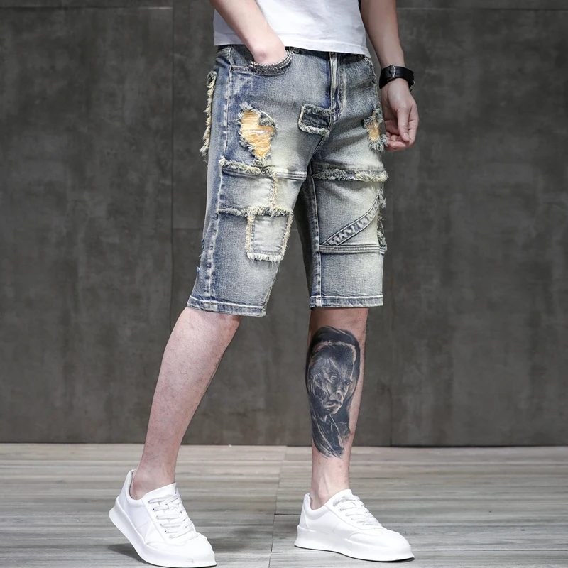 Summer New Retro Light-Colored Denim Shorts Men\'s Ripped High Street Fashion Brand Thin Pu Handsome Stretch Motorcycle Shorts