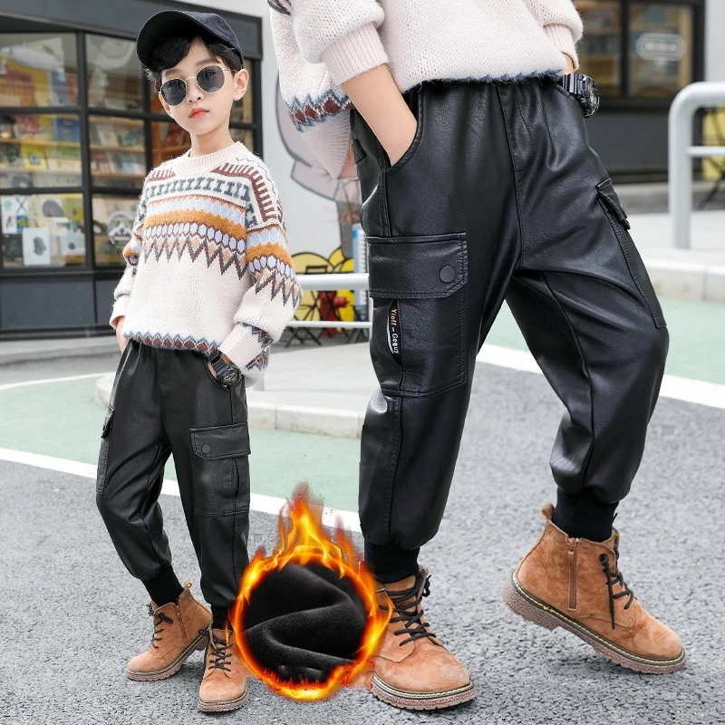 Boys Winter Leather Pants Solid Color Trousers for Kids Black Plus Velvet Warm Pants Children Autumn Clothes 6 8 10 12 14 Years