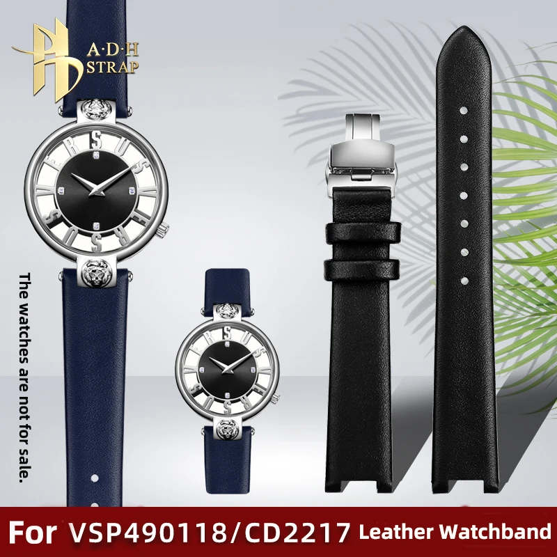 Womne-Correa de cuero genuino para reloj VERSACE VSP490118 VSPCD2217, correa de piel de vaca con muescas, hebilla de mariposa de 16mm