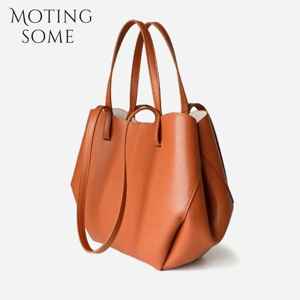 Motingsome Chic French Style Woman Handbag Luxury Cow Leather Handbag and Purses Oversize Fold Designer Casual Tote 2024 New