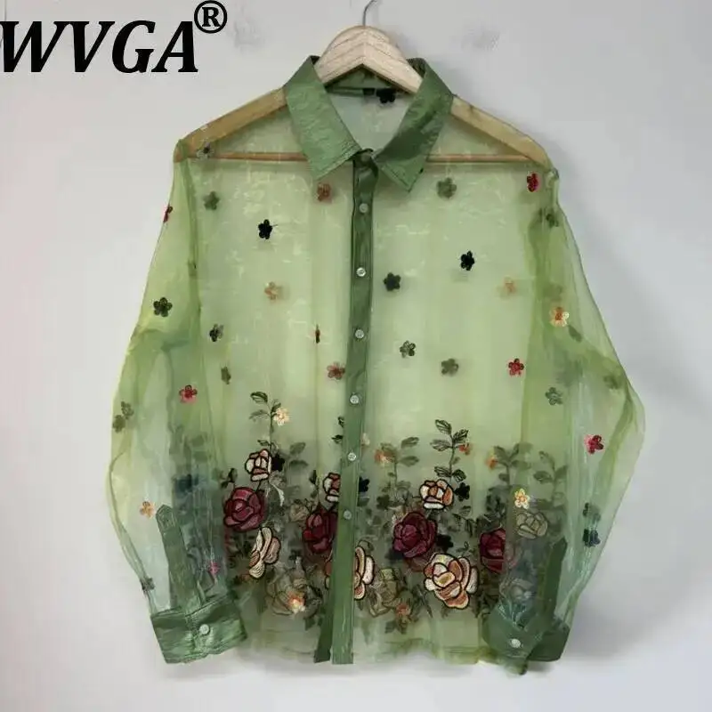 

WVGA Summer New Man Tide Embroidered Sheer Organza Layered Versatile Design Long Sleeve Shirts Niche Chic Casual Tops Ins W22892