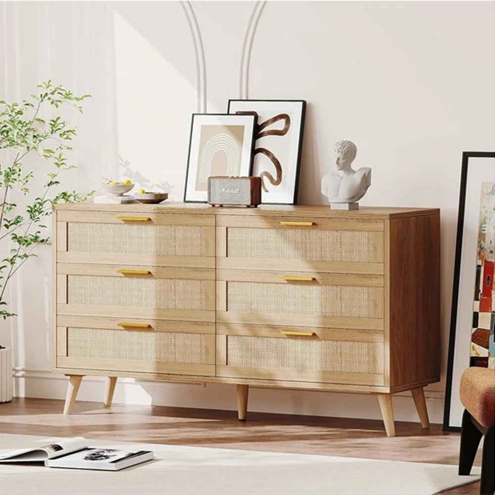 

6-Drawer Rattan Dresser Mid-Century Modern Chest for Closet with Handles Spacious Top Surface Storage for Bedroom Living Room