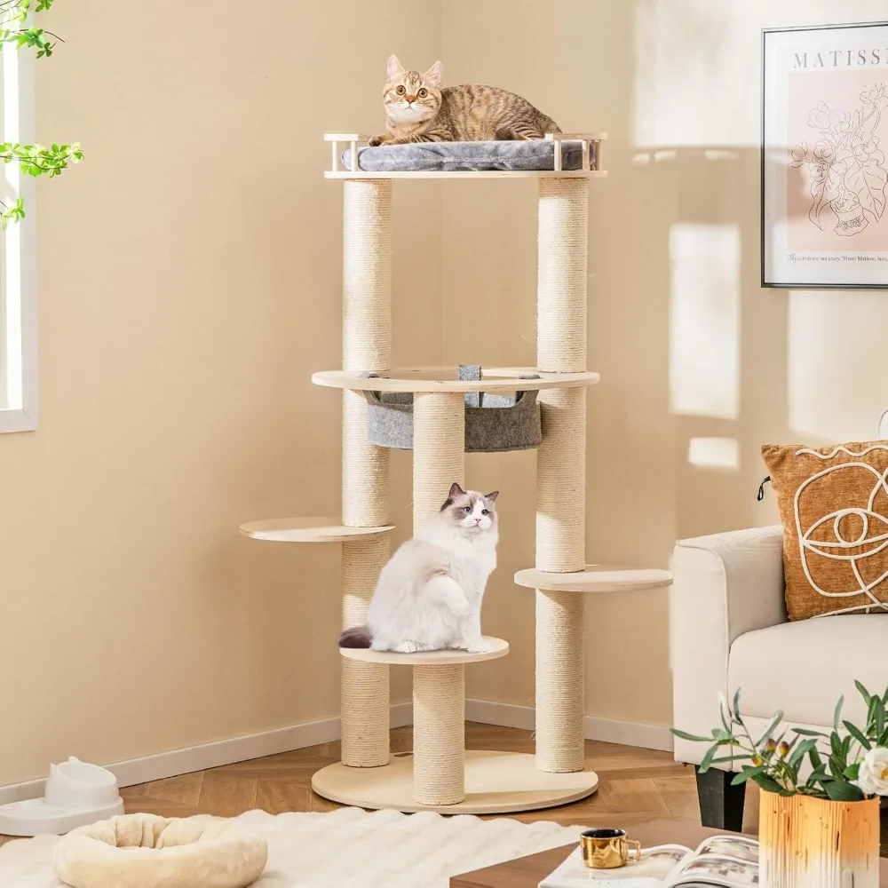 

Wood Cat Tree, 59 Inch Multi-Level Cat Tower with Top Padded Perch, Hammock, 3 Platforms & Sisal Scratching Posts, Customized