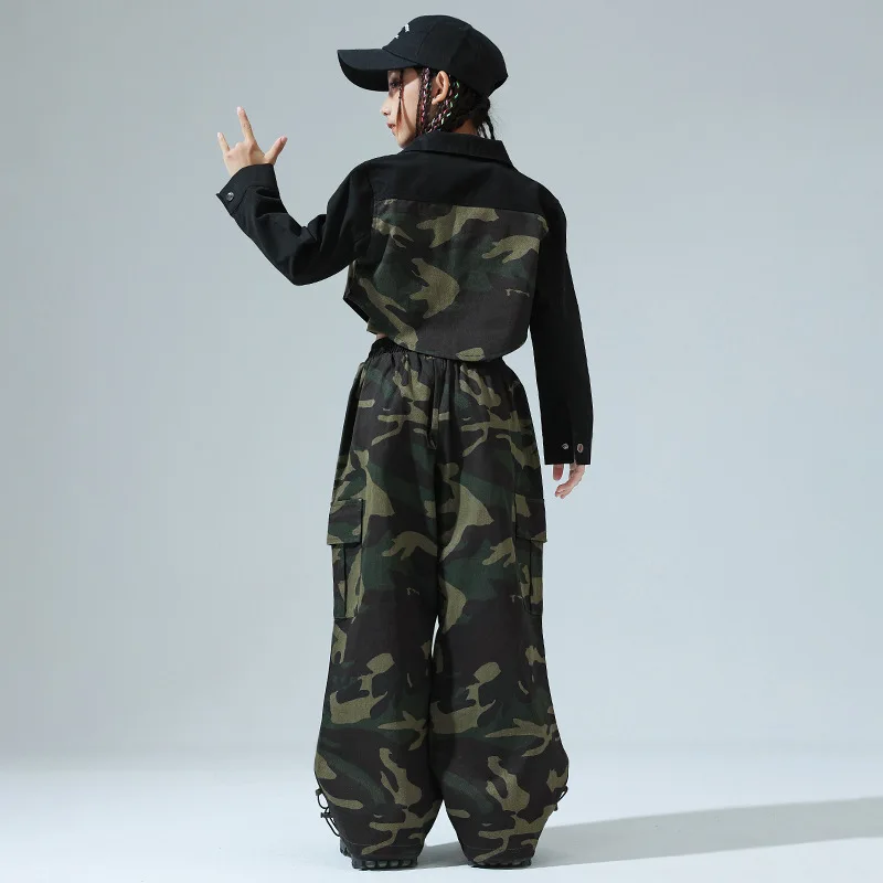 Kid Cool Hip Hop Clothing Black Shirt Crop Top Camouflage Casual Wide Pockets Cargo Pants for Girls Jazz Dance Costume Clothes