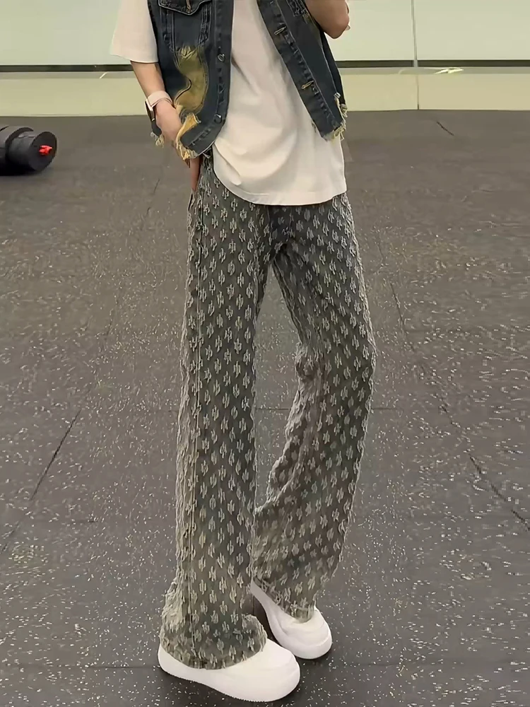 

Trendy Men's Denim Jeans Embroidered Print High Street Sle Loose Straight Leg Worn Resistant Micro Flared Pants