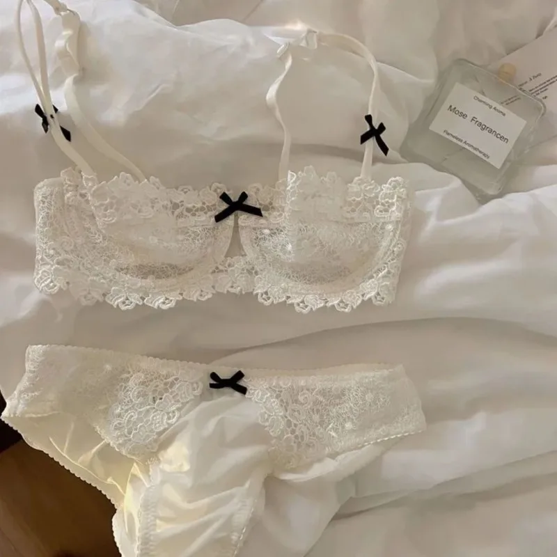 

French Ultra-thin Sexy Lace Lingerie Women Big Breasts Show Small Top Bracket Gathered Anti-sag Plus Size Elegant Bra Set New