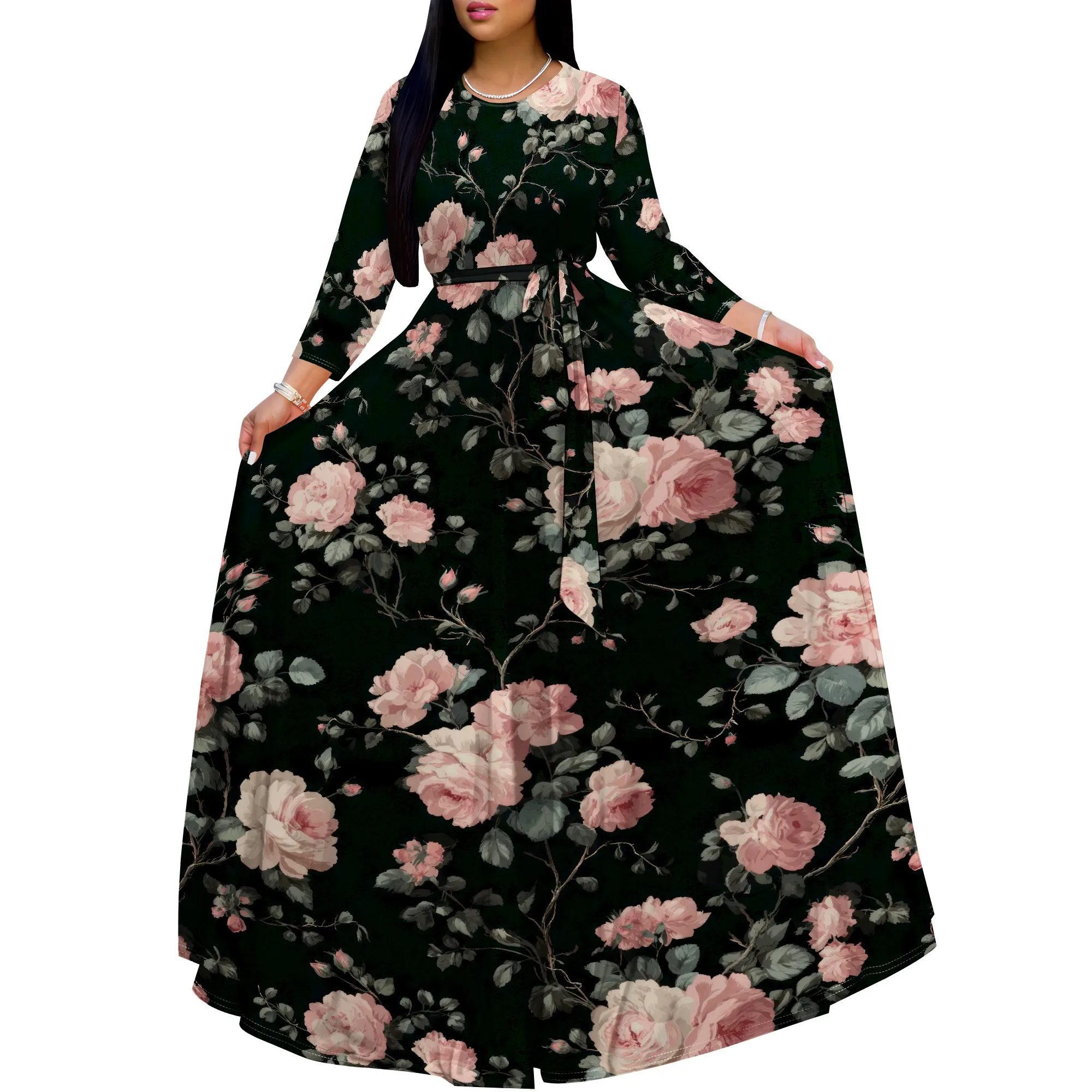 

Plus Size Maxi Dress for Women Crewneck 3/4 Sleeve with Belt Casual Sundress Wrap Empire Waist Travel Vacation Outfits