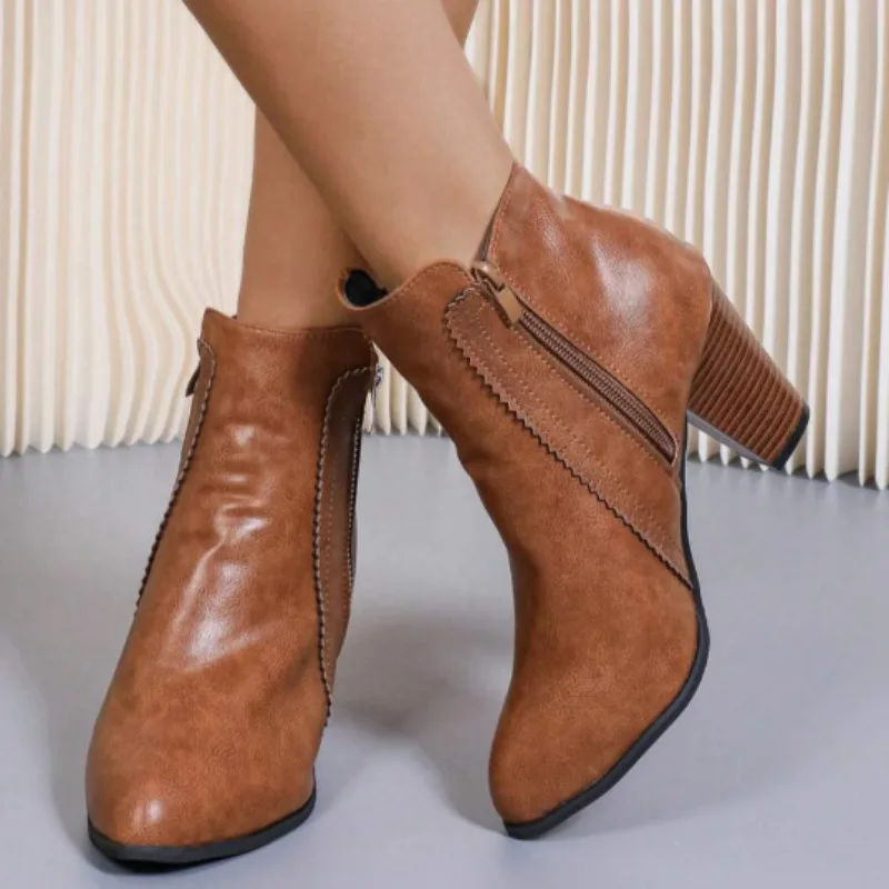 

2025 Fashion Block Heel Boots Fall New Pointed Toe Zip Leather Non-Slip Wear-Resistant Western