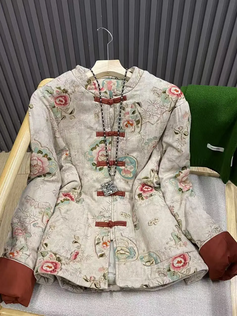 Ele Chinese Sle Printed Stand Collar Button up Cotton Jaet Women's Autumn Winter Faionable Commute Straight Cut Coat