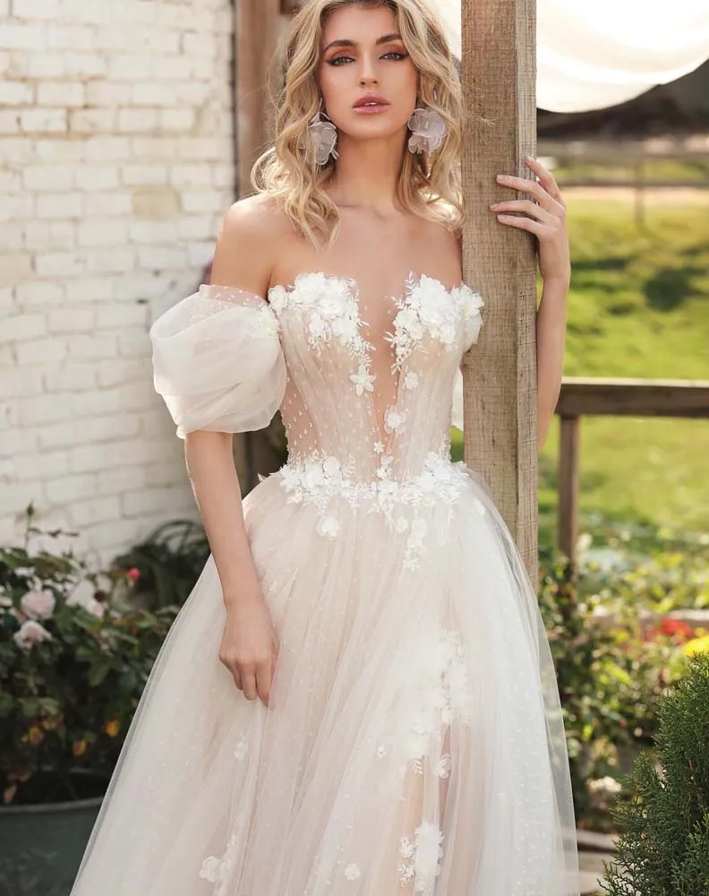 Gelinlik – robe de mariée romantique avec Appliques de fleurs, col plongeant, fente latérale, manches bouffantes détachables, dos en Tulle, robe de princesse