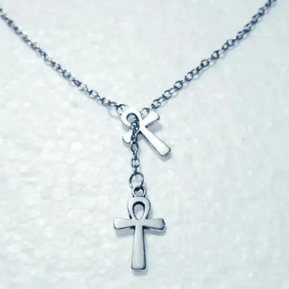 Punk Gothic Sliver Color Double Musical Notes Ancient Egyptian Anka Cross Pendant Necklace for Women Collar Chain Trendy Jewelry