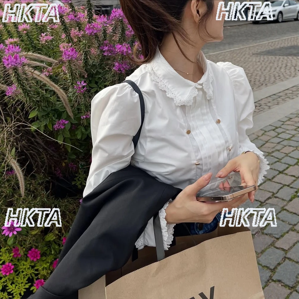 

Japanese Autumn Winter New Lace Stitching Pleated Buttons Long Sleeve Lapel Sweet White Shirt Commuter Lolita Blouses Top Women