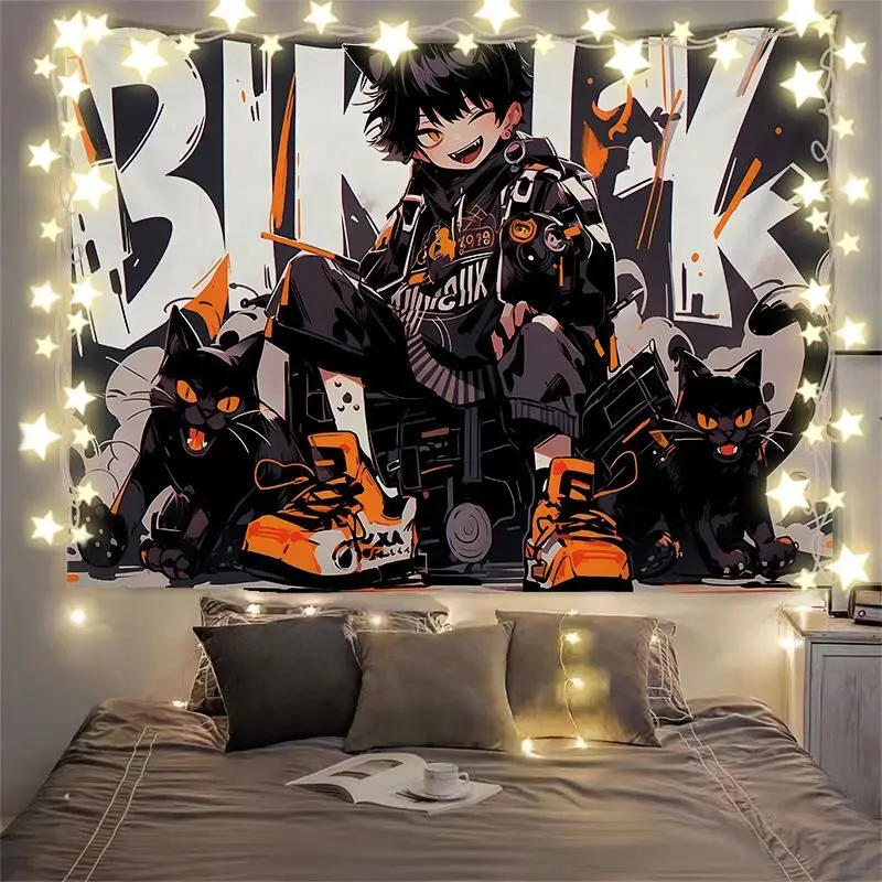 VIKAMA American Street Style Cool Boy Black Cat 2D Tapestry Hip-Hop Y2K Bedroom And Living Room Background Fabric, Home Decor