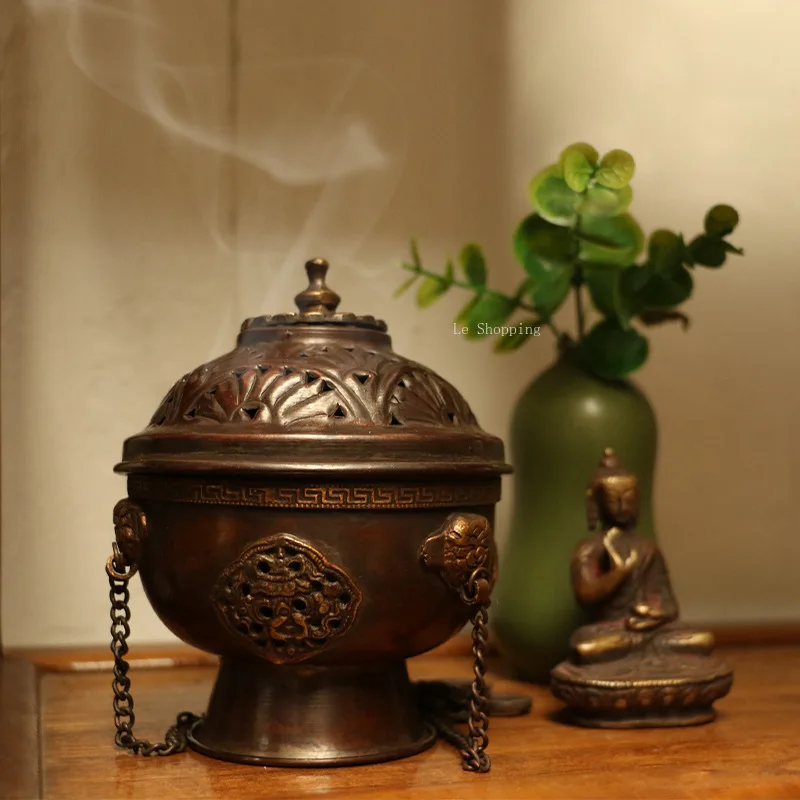 

Непальская фиолетовая медная подвесная классическая курильница с узорами ручной работы, домашние благовония, горящая буддийская декоративная курильница