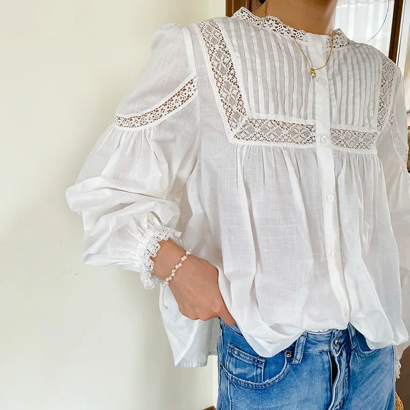 Vintage White Lace Shirt Blouses White Button Front Hollow Out Embroidered Blouse Long Sleeve Tops Autumn Woman Clothing