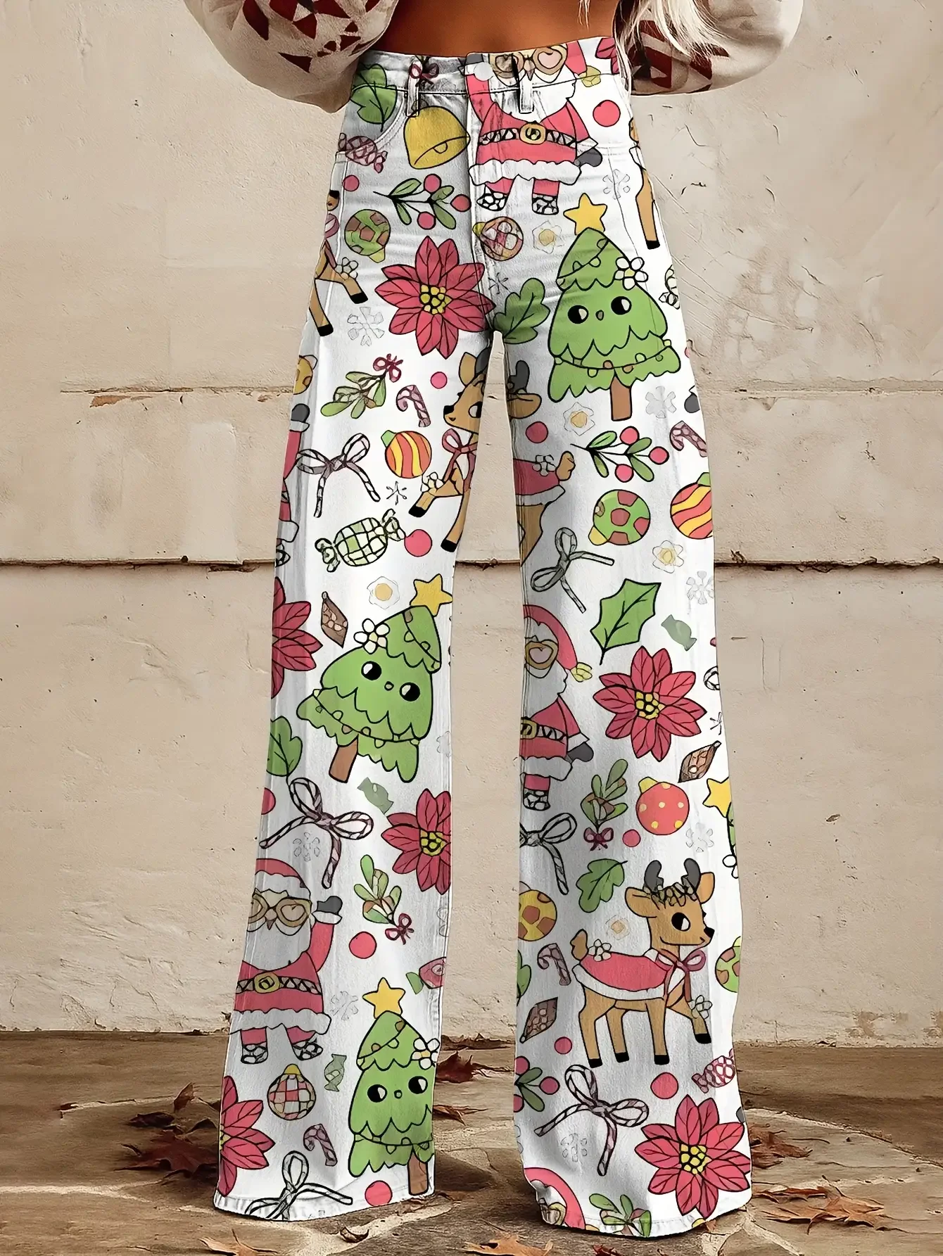 Ladies' imitation denim pants with blue background and Santa Claus snowflake pattern autumn and women's exclusive