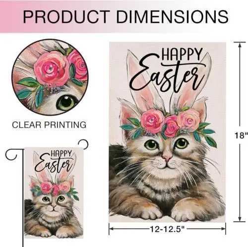 Happy Easter Garden Flag Double Sided, Cat with Bunny Ears Decorative Yard Outdo