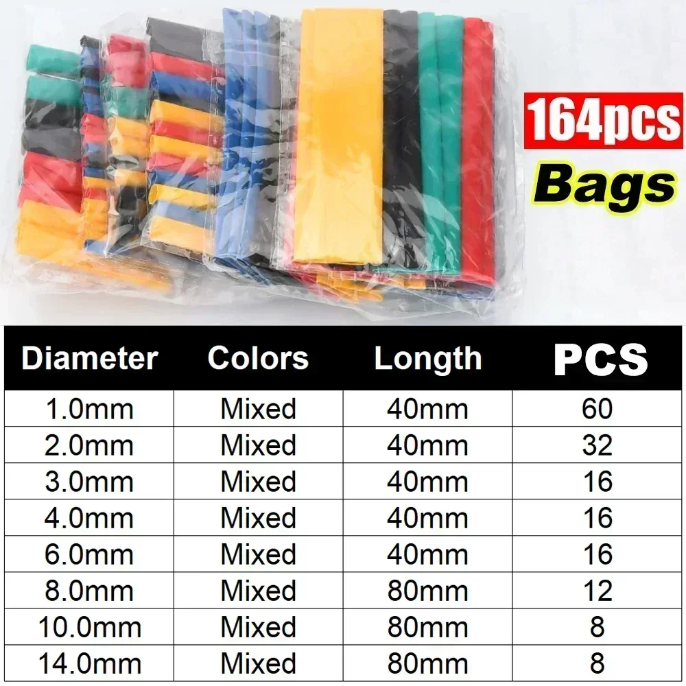 164 STKS 2: 1 Kabel Krimpkous Kit Warmte Diverse Pack Thermoretractile Isolatiekous Kabel Draad Krimpfolie voor DIY