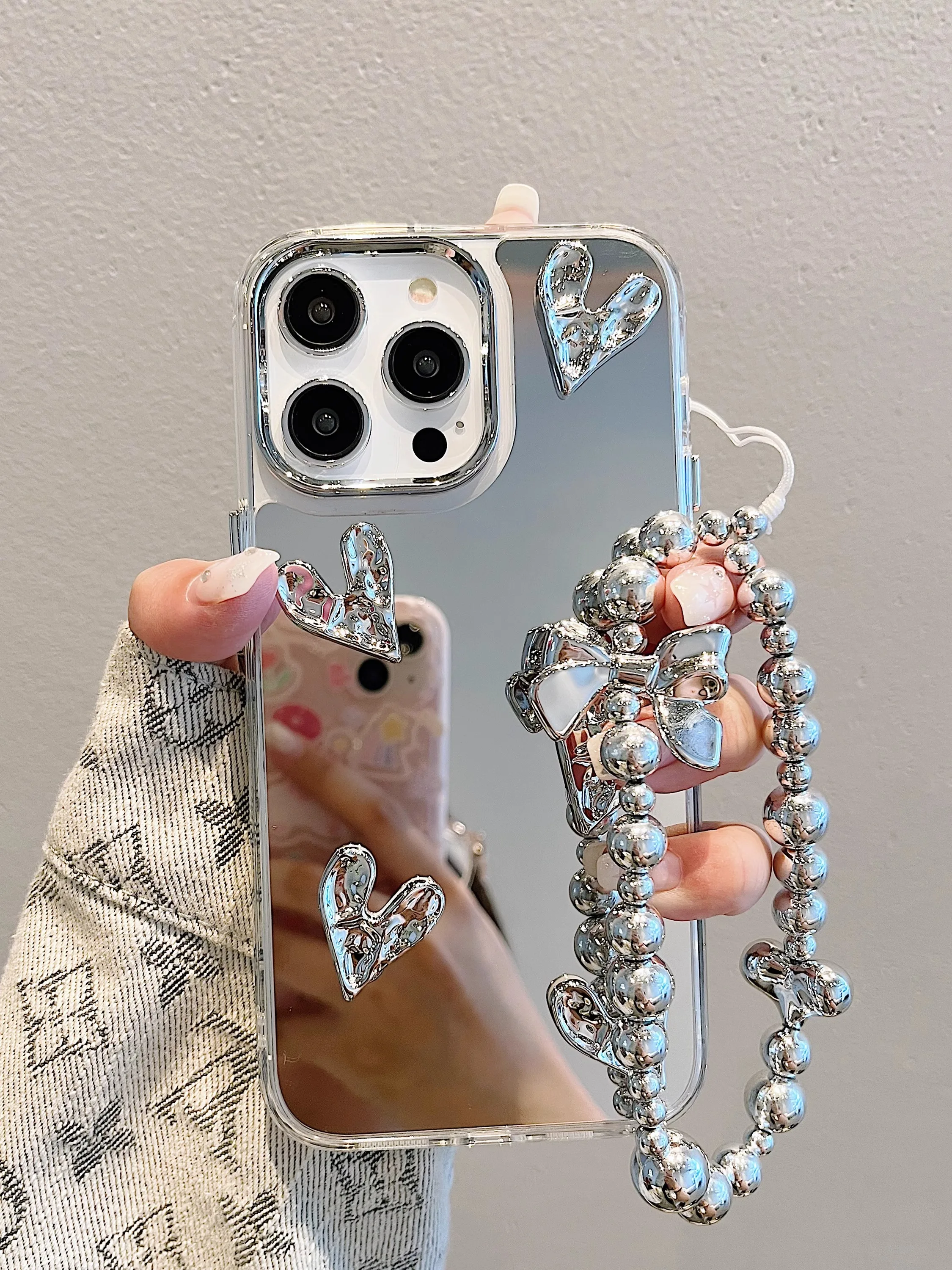 3D Heart with Chain Silver Plated Mirror Case For iPhone 14 15 Pro Max 11 12 13 Pro Max Drop Protection Cover